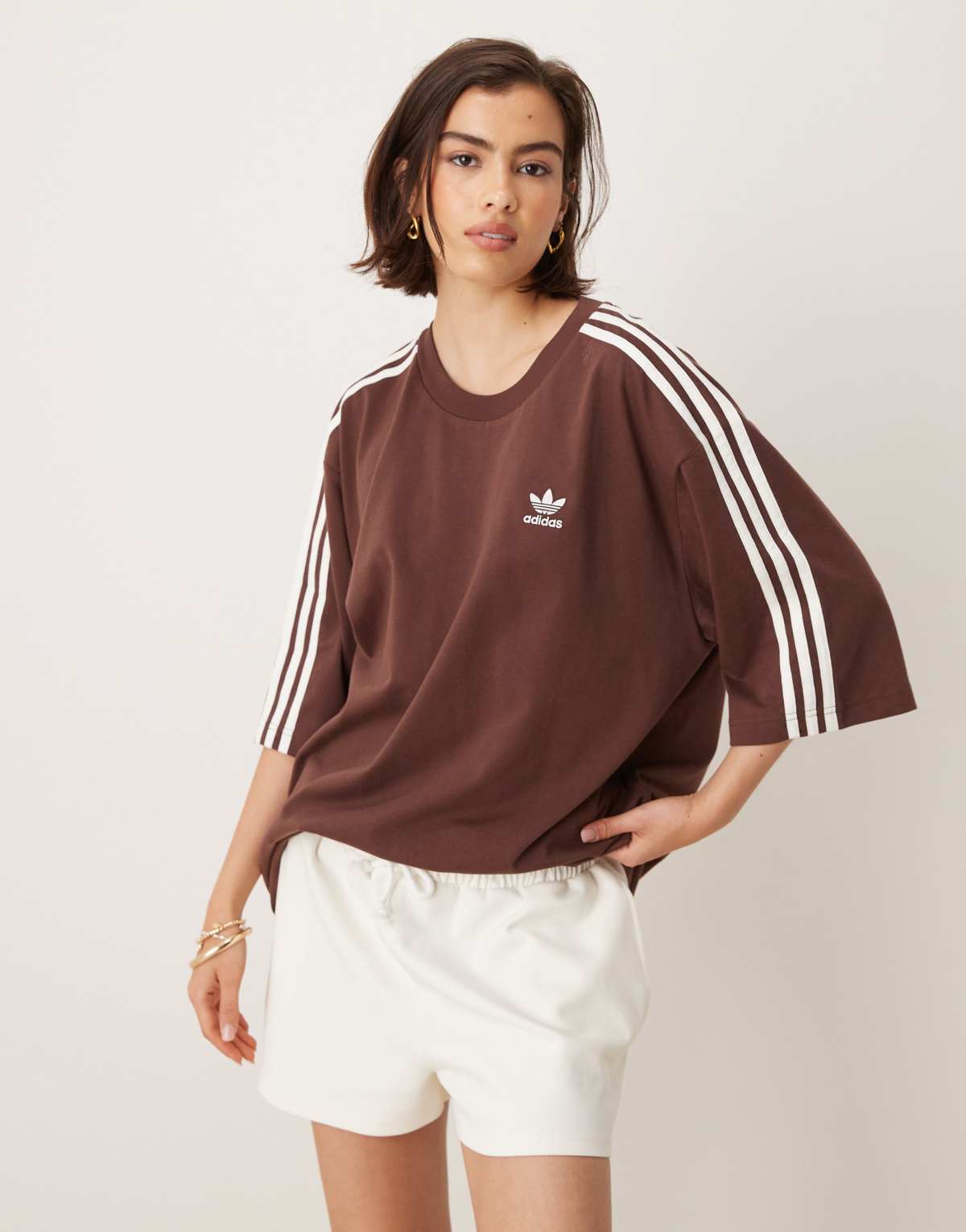 adidas Originals Adicolor 3 stripe oversized t-shirt in brown