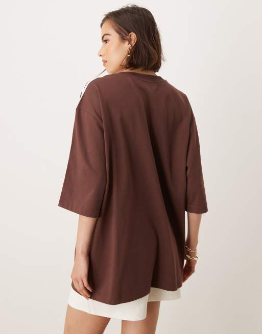 adidas Originals Adicolor 3 stripe oversized t-shirt in brown