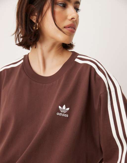 adidas Originals Adicolor 3 stripe oversized t-shirt in brown