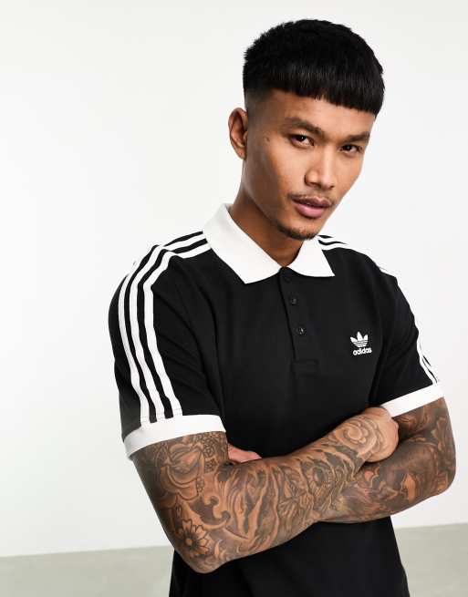 adidas Originals Adicolor 3 stripe polo shirt in black