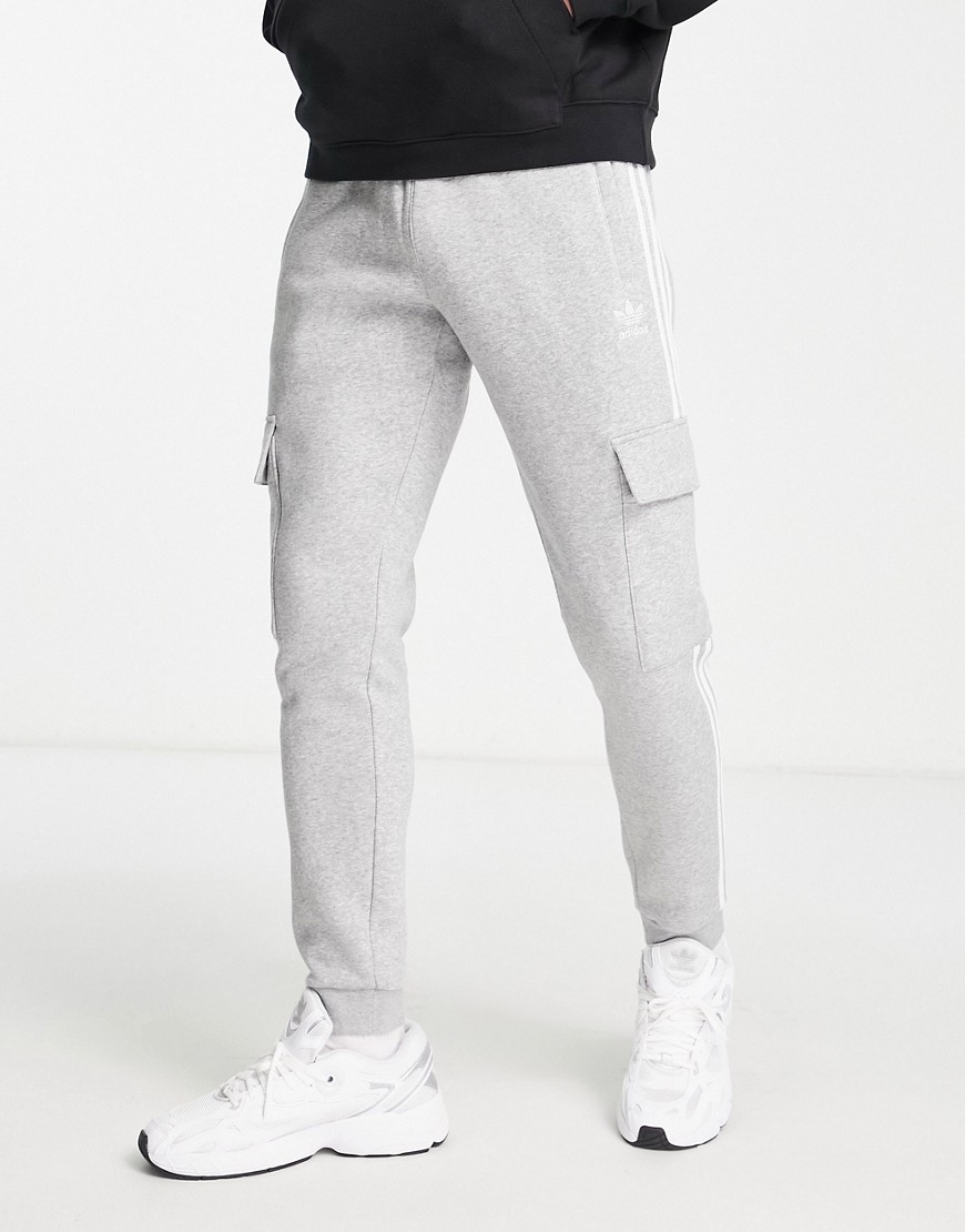 adidas Originals Adicolor 3 stripe slim trefoil cargo joggers in grey