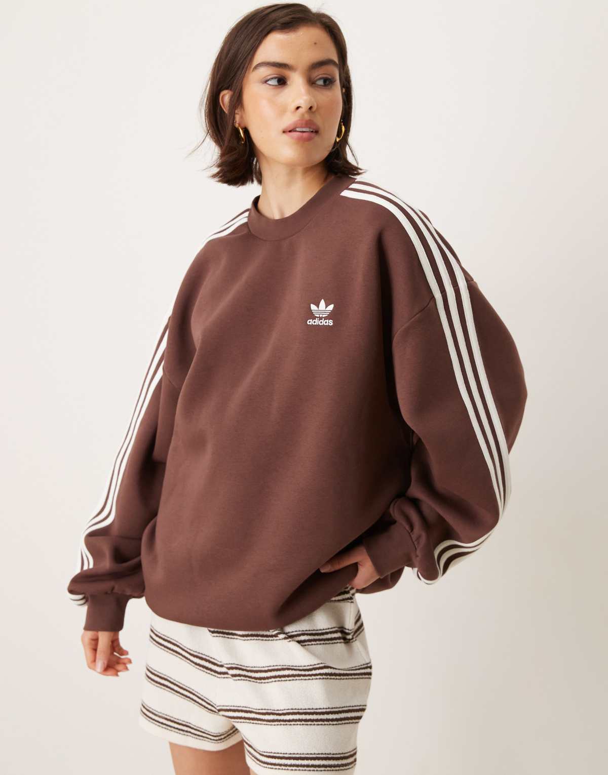 adidas Originals Adicolor 3 stripe sweatshirt in brown