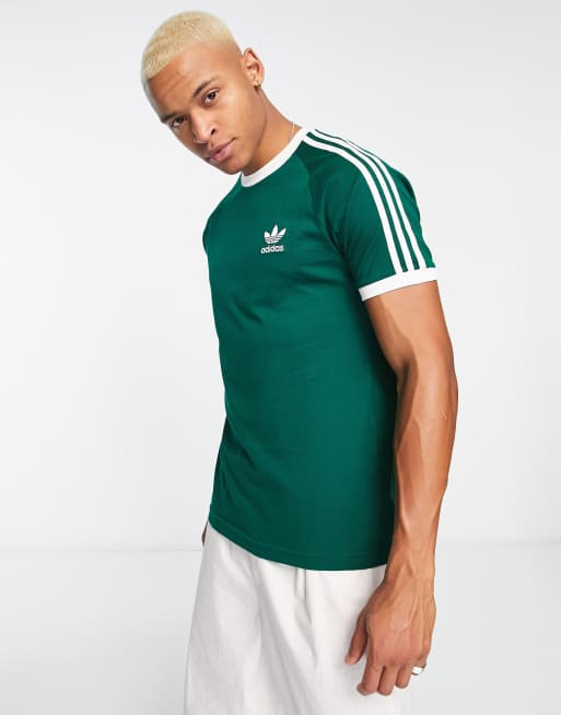 adidas Originals adicolor 3 stripe t shirt in dark green