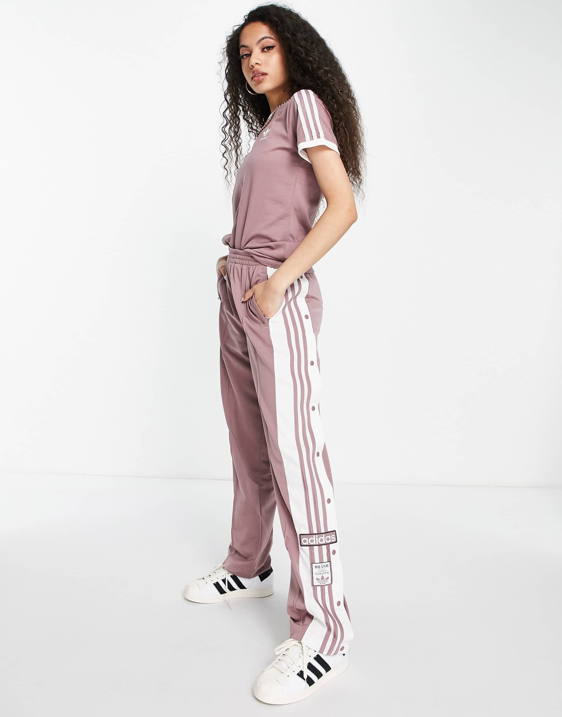 adidas Originals adicolor 3 stripe t-shirt in mauve view 4