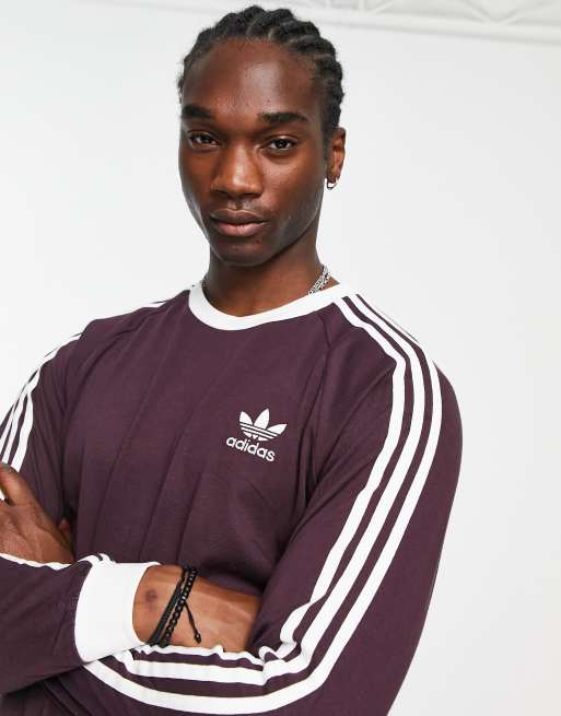 adidas Originals adicolor 3-Stripes boyfriend fit sleeve top burgundy | ASOS