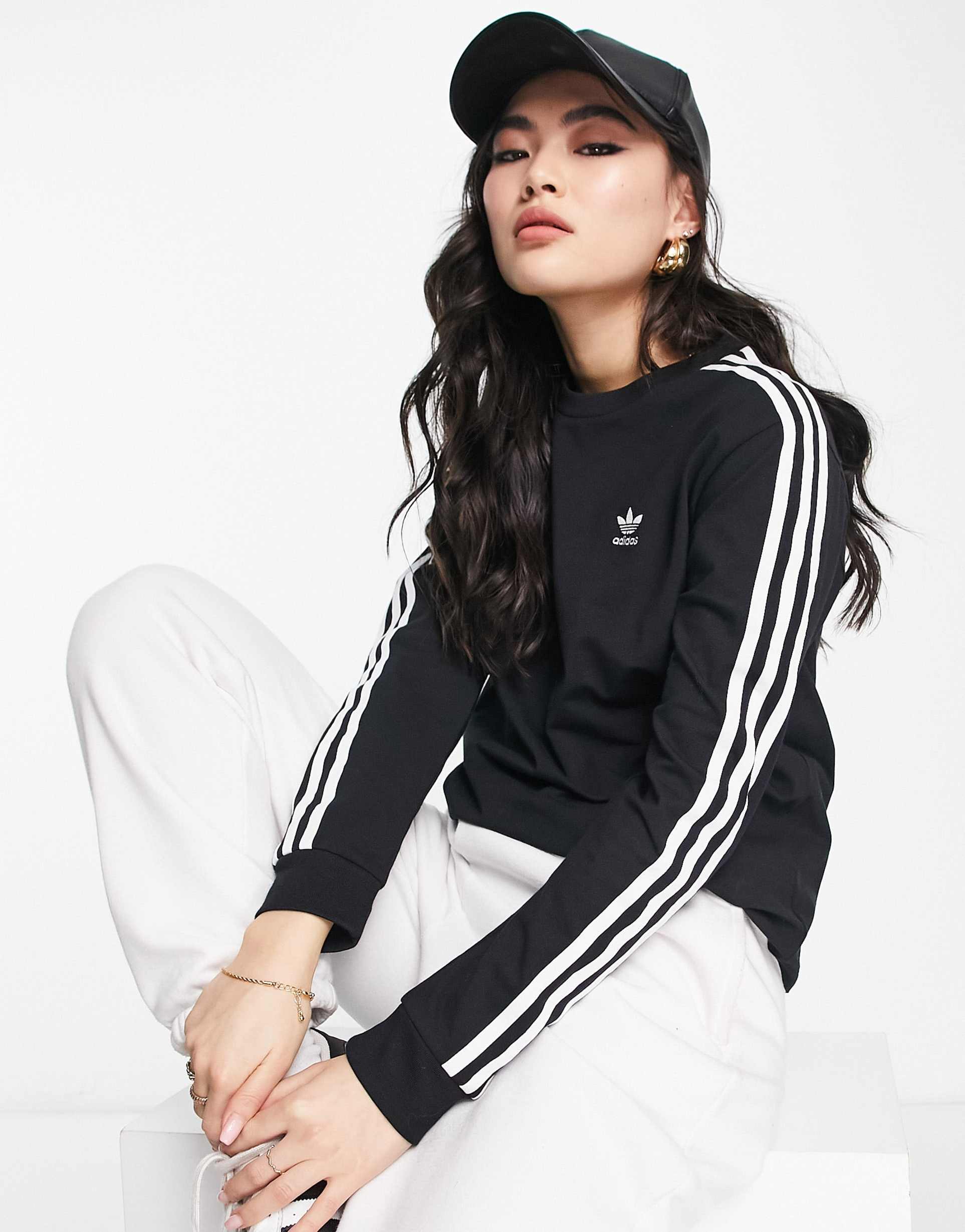 adidas Originals adicolor 3 stripes long sleeve t-shirt in black view 2