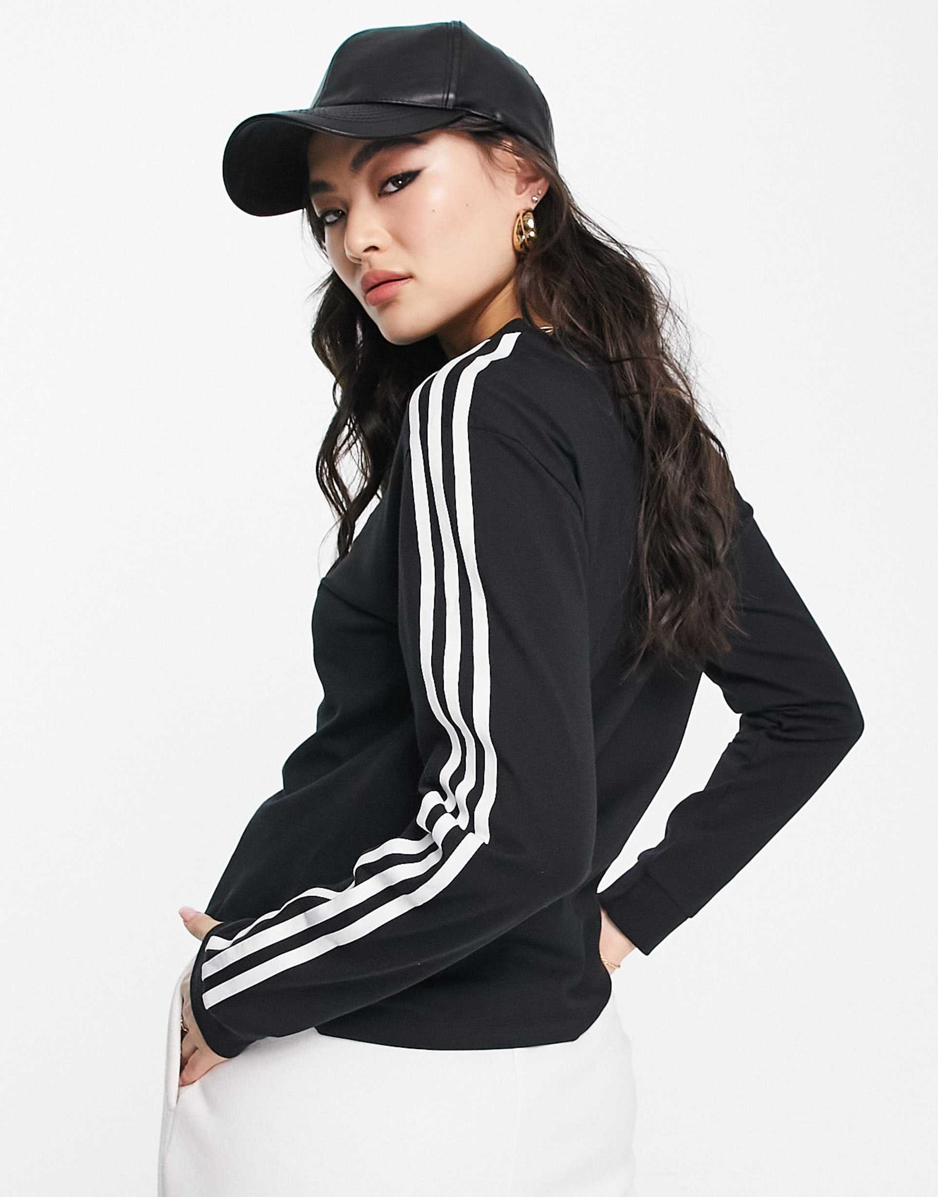 adidas Originals adicolor 3 stripes long sleeve t-shirt in black view 4