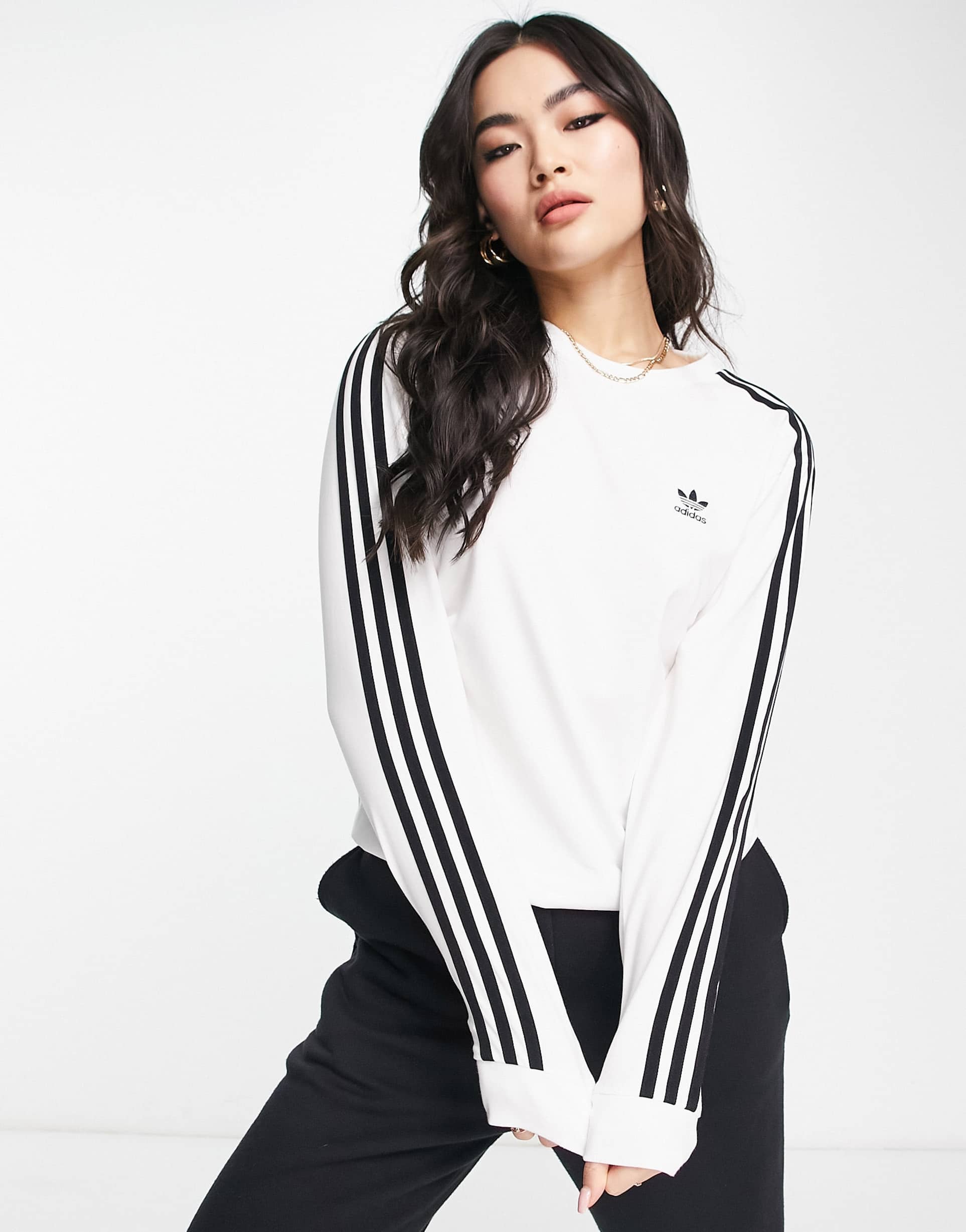 adidas Originals adicolor 3 stripes long sleeve t-shirt in white view 2