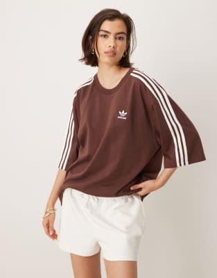 [adidas Originals] adidas Originals Adicolor 3-Stripes oversized t-shirt in brown L auburn/off white