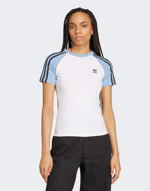 adidas Originals Adicolor 3-stripes raglan slim tee in white / ash blue