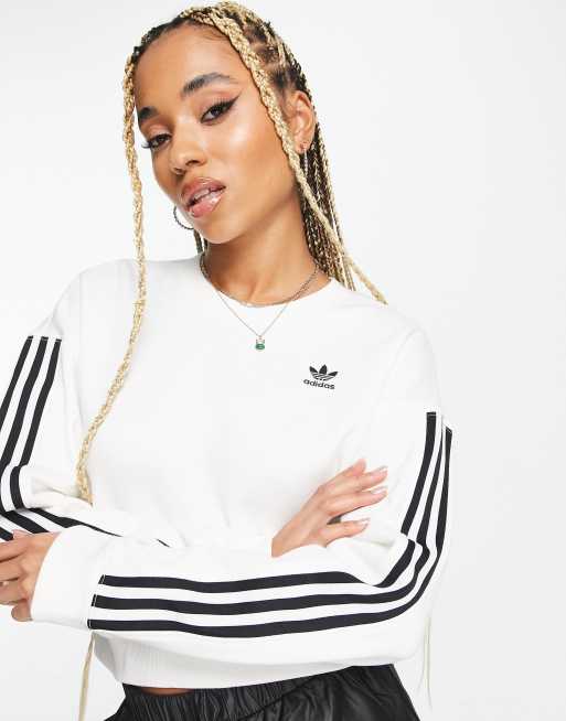 adidas Originals adicolor 3-Stripes short sweatshirt in white | ASOS