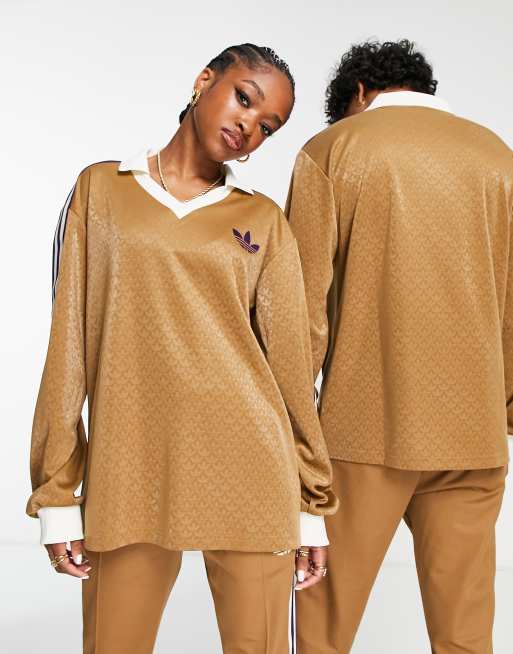 adidas Originals – adicolor 70 – Brązowy top unisex z kołnierzykiem polo i długimi rękawami ze wzorem z monogramem