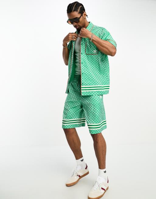 adidas Originals adicolor 70's monogram satin short sleeve shirt in green |  ASOS