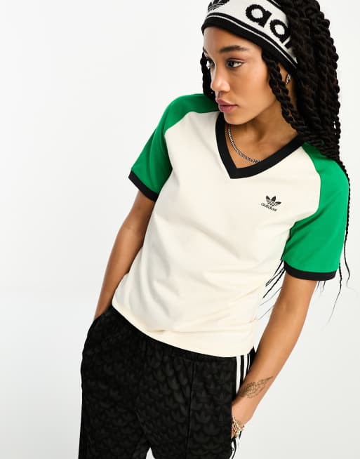 adidas Originals - adicolor 70s - T-shirt bianca con scollo a V