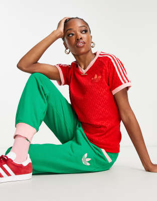 adicolor 70s - T-shirt monocromatica rossa con scollo a V-Rosso - adidas Originals T-shirt donna  - immagine3