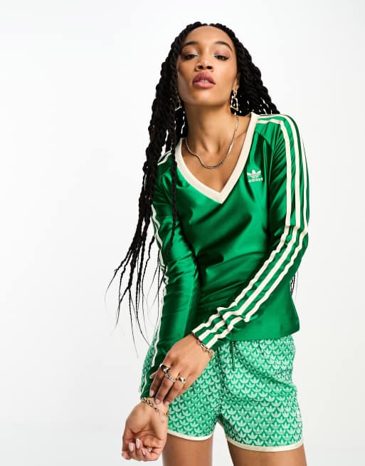 adidas Originals adicolor 70s top met V hals in groen ASOS
