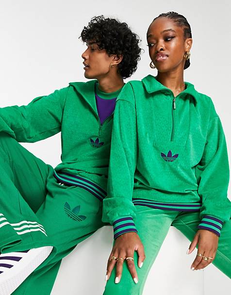 아디다스 adidas Originals adicolor 70s unisex funnel velour fleece in green,GREEN