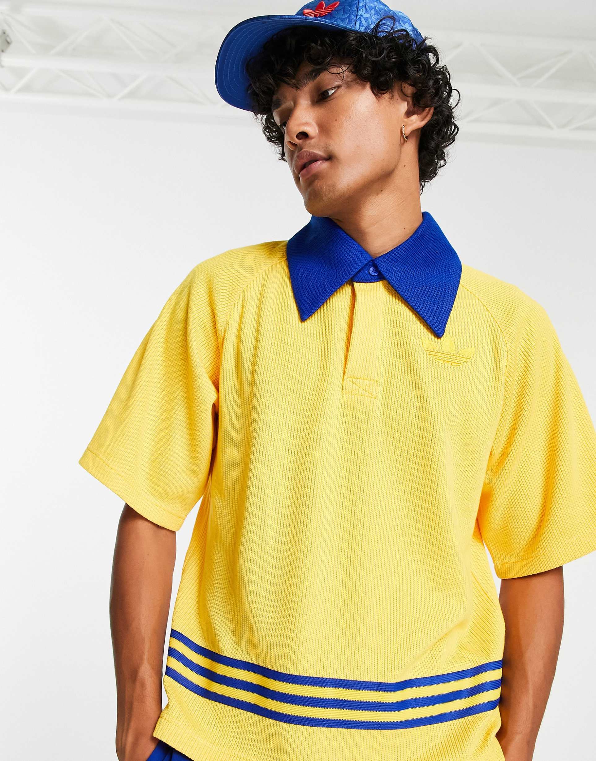 adidas Originals 'adicolor 70s' unisex knitted polo top in yellow view 4