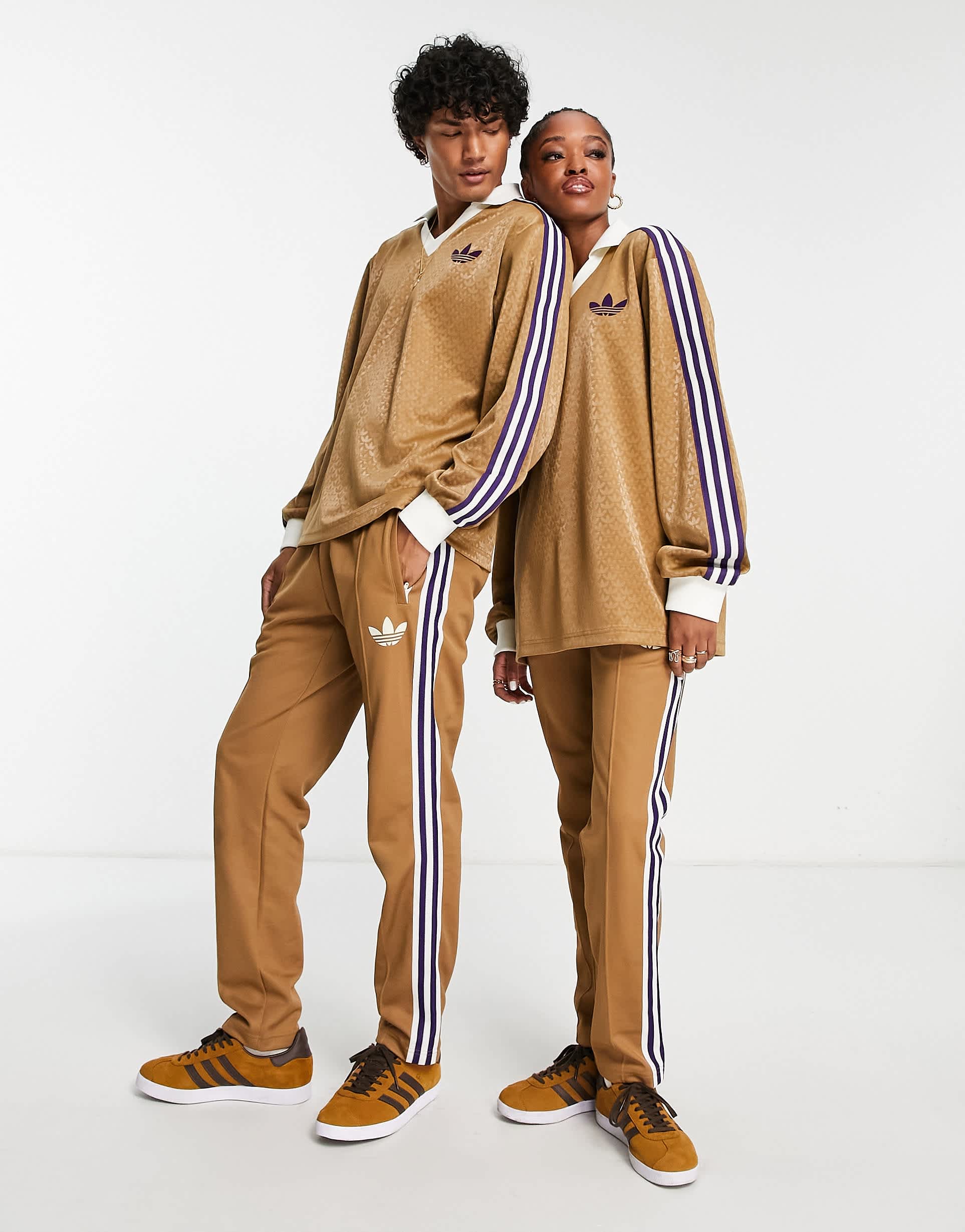 adidas Originals 'adicolor 70s' unisex monogram long sleeve polo top in brown