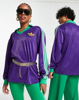 adidas Originals 'adicolor 70s' unisex monogram long sleeve polo top in purple | ASOS