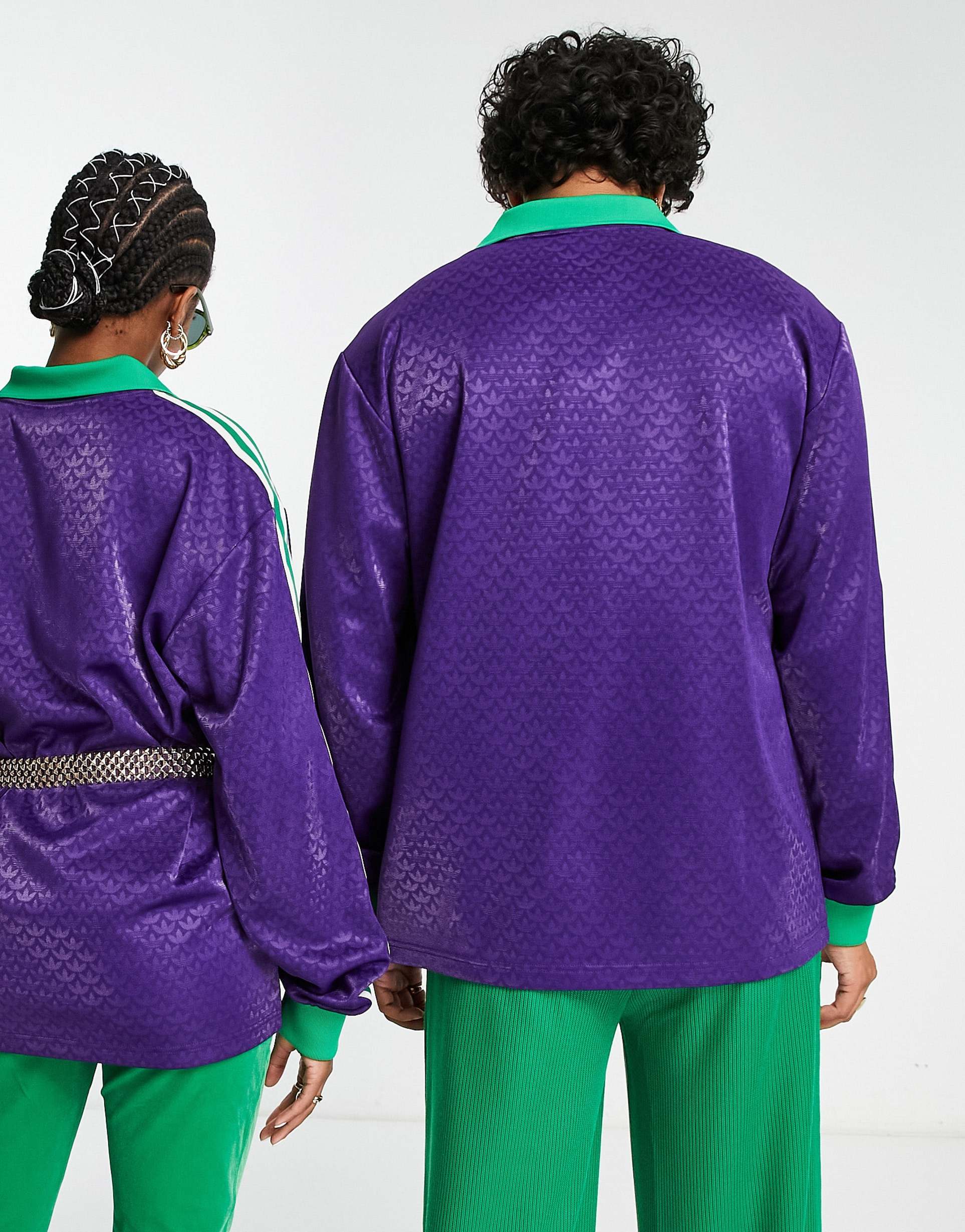 adidas Originals 'adicolor 70s' unisex monogram long sleeve polo top in purple view 3
