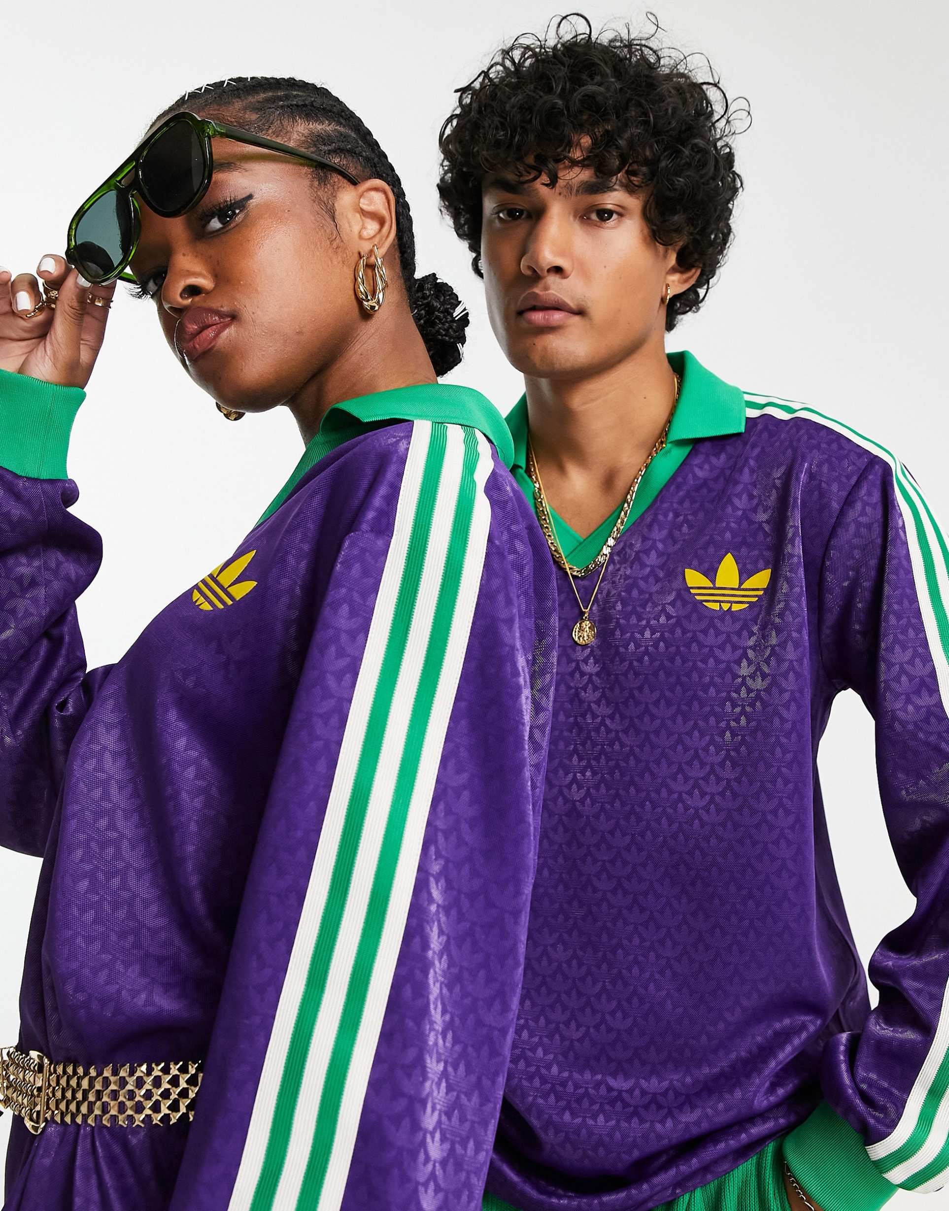 adidas Originals 'adicolor 70s' unisex monogram long sleeve polo top in purple view 4