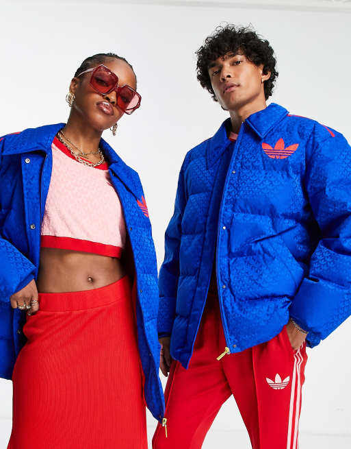 adidas Originals 'adicolor 70s' unisex monogram puffer in blue | ASOS