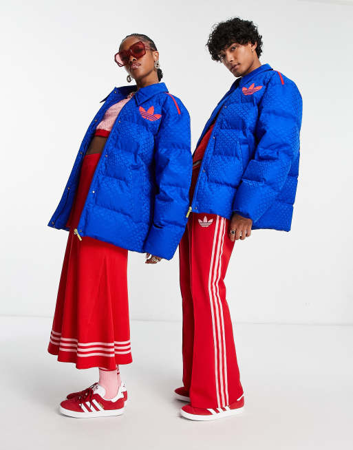 adidas Originals 'adicolor 70s' unisex monogram puffer in blue | ASOS