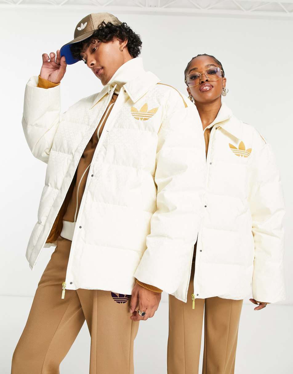 adidas Originals 'adicolor 70s' unisex monogram puffer jacket in off white