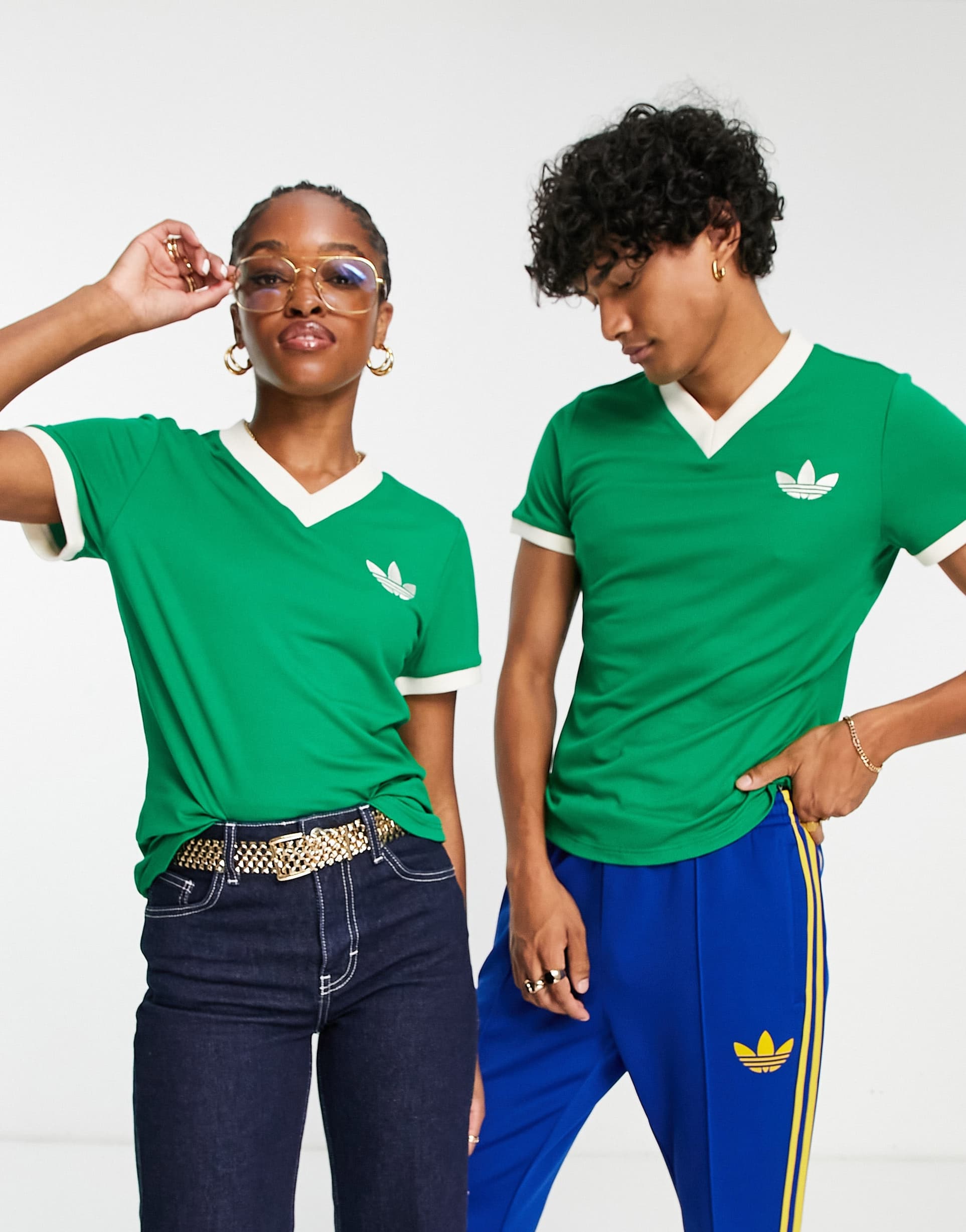 adidas Originals 'adicolor 70s' v neck t-shirt in green view 2