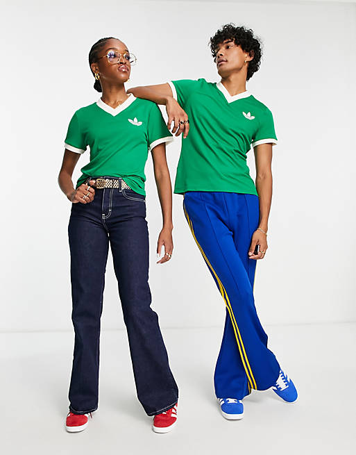 adidas Originals 'adicolor 70s' v neck t-shirt in green | ASOS