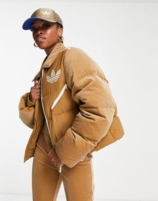 adidas Originals 'adicolor 70s' velvet puffer jacket in brown