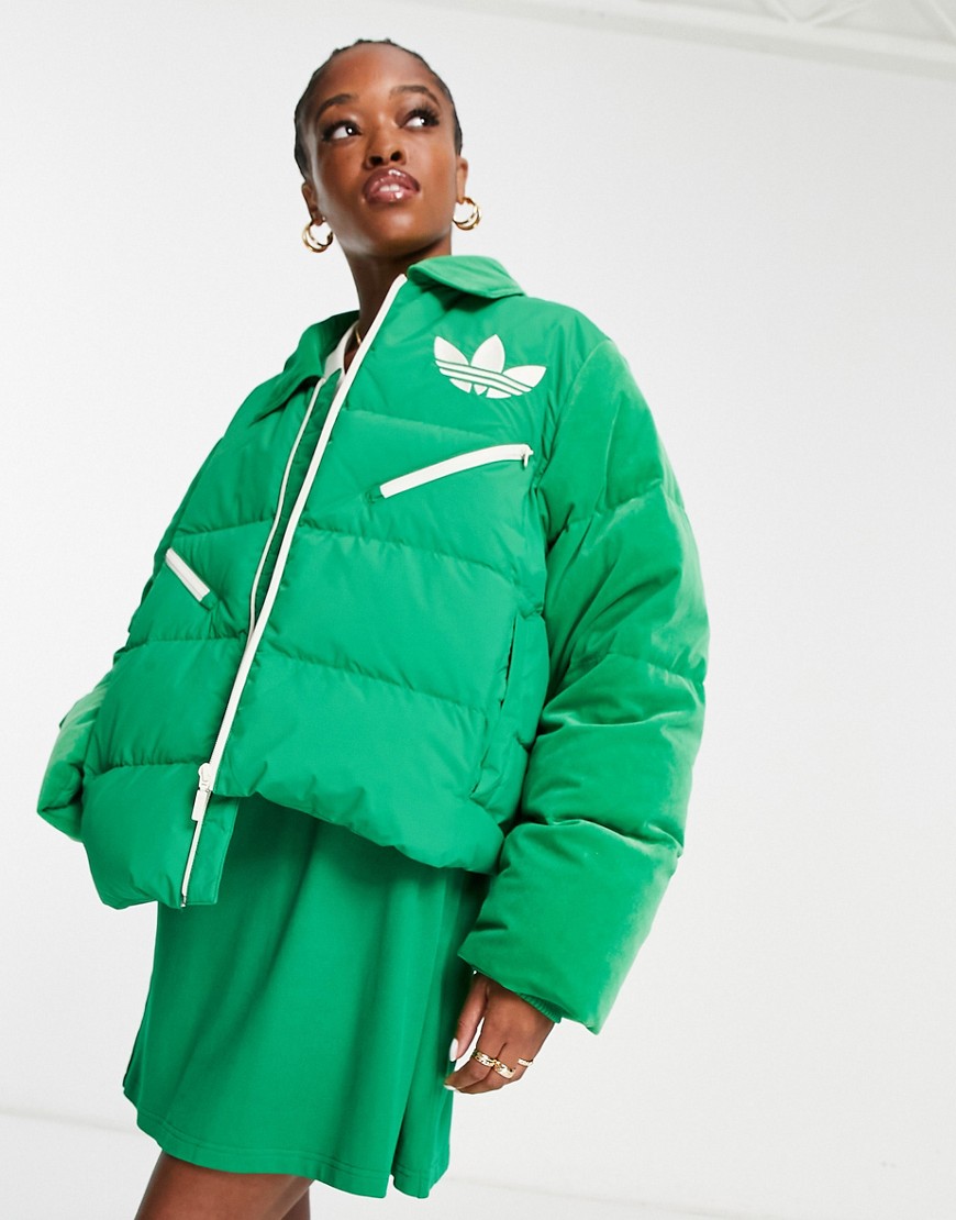 adidas Originals 'adicolor 70s' velvet puffer jacket in green