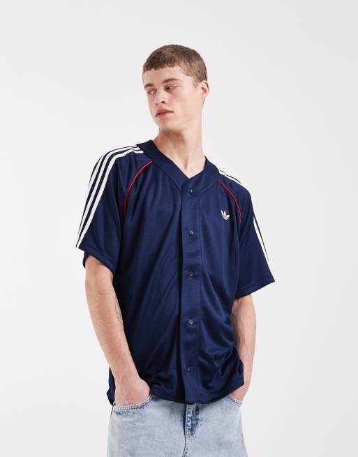 adidas Originals Adicolor baseball jersey in night indigo / better scarlet