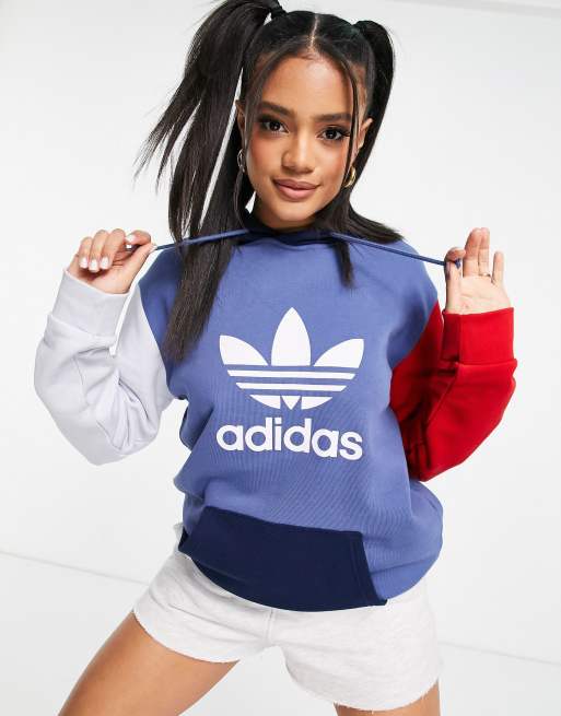 adidas Originals adicolor boyfriend fit color block logo hoodie in blue