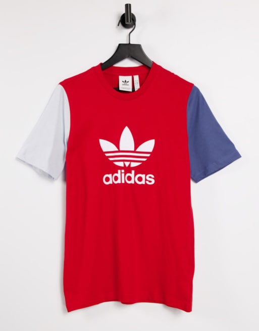 adidas boyfriend fit color-block logo T-shirt in red | ASOS