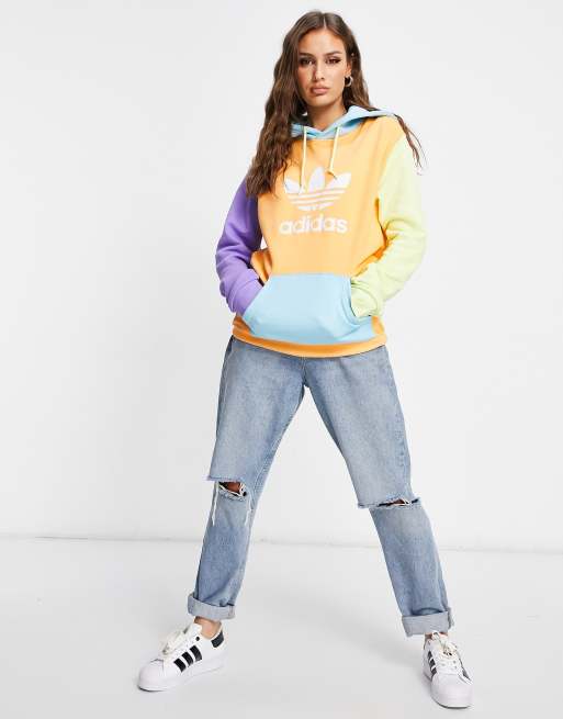 adidas Originals adicolor boyfriend fit color block logo hoodie in blue