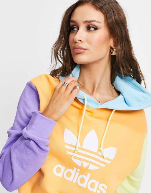 adidas Originals adicolor boyfriend fit color block logo hoodie in blue