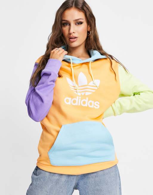 adidas Originals adicolor boyfriend fit color block logo hoodie in blue