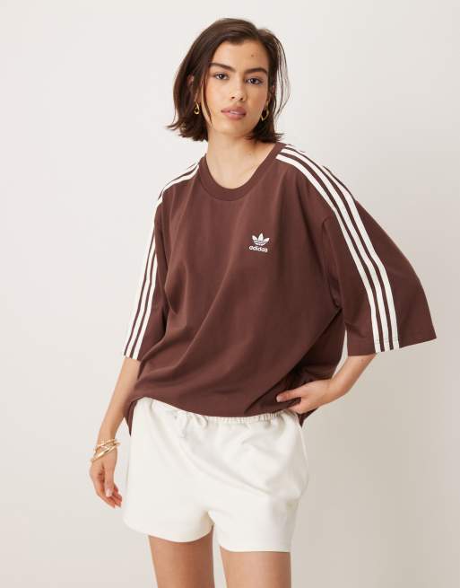 adidas Originals – Adicolor – Brun t-shirt i oversize med 3 ränder