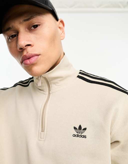 adidas Originals adicolor classics 3 stripe 1/2 zip sweat in beige | ASOS