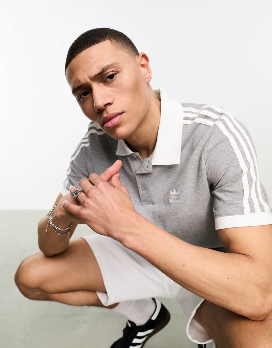 adidas Originals adicolor classics 3 stripe polo top in grey