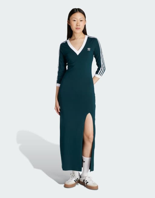 adidas Originals - Adicolor Classics - Mørkegrøn maxikjole med 3 hvide striber