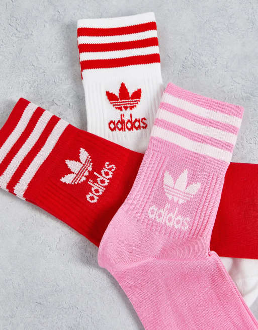 adidas Originals adicolor Confezione da 3 paia di calzini rosa e rossi con logo del trifoglio