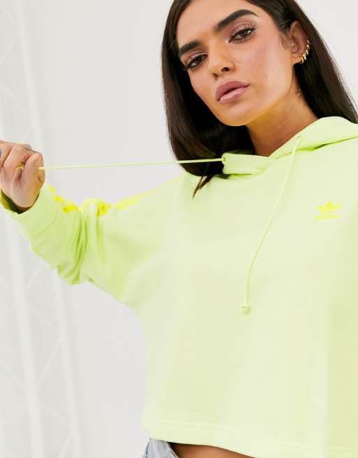 adidas Originals adicolor 3 stripe cropped hoodie in lime