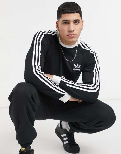 adidas – Originals – adicolor – Czarny T-shirt z długim rękawem i trzema paskami