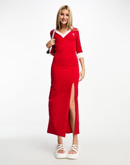 adidas Adicolor Classics 3-Stripes V-Neck Maxi Dress (Plus Size) - Red, Women's Lifestyle