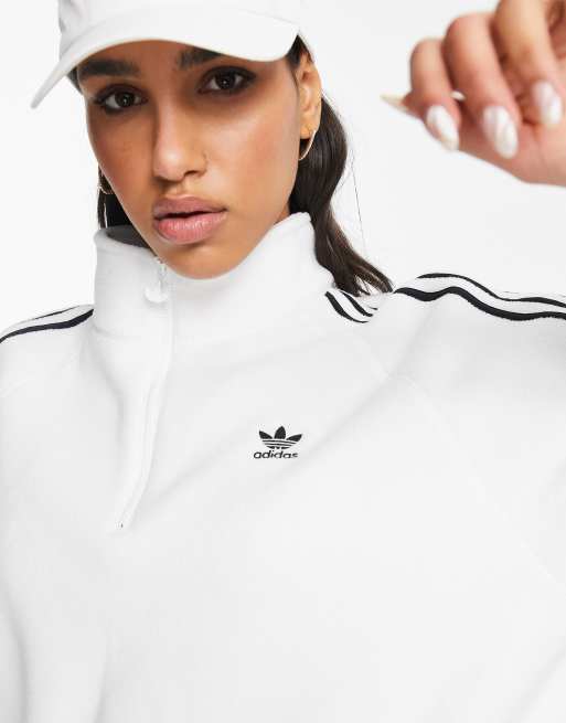 adidas Originals Adicolor Felpa in pile bianca con zip corta e tre strisce