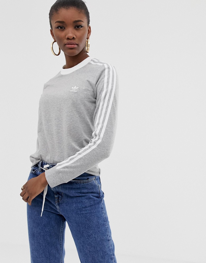 Adidas Originals – adicolor – Grå, långärmad t-shirt med tre ränder