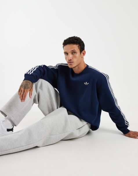 adidas Originals - Adicolor - Jersey azul añil noche y gris dos extragrande con cuello redondo y 3 rayas - view 1